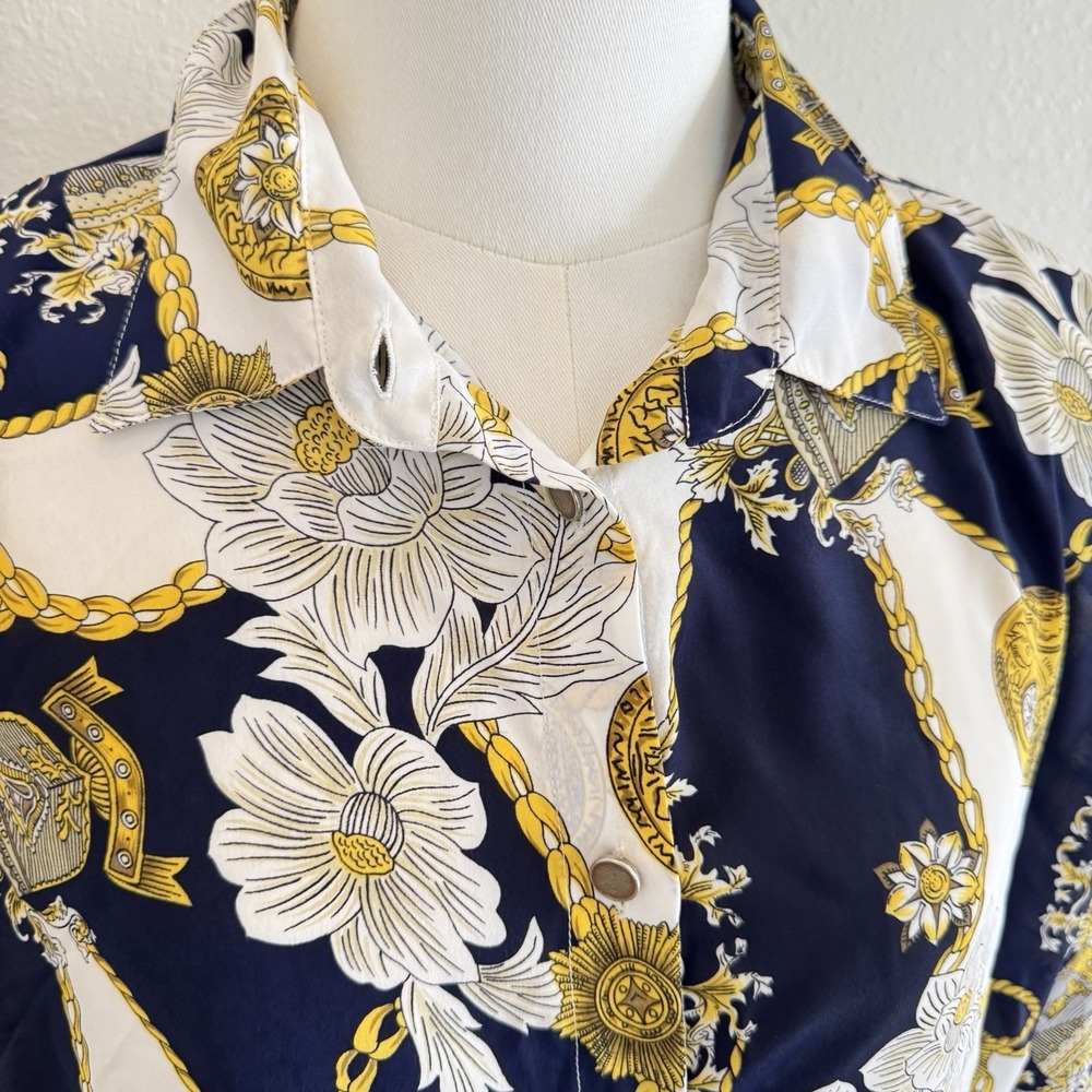Vintage Joyce Baroque Silky Blouse Gold Chain Tunic Womens Sz L/XL